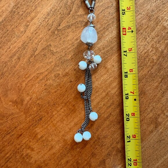 Costume Gray, White, Clear Beads Fabric Cord Silver Tone Chain Long Necklace - Picture 6 of 6